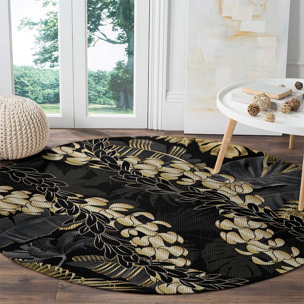 Gold Tropical Leaves Hawaii Mikioi Lei Round Carpet Luxury Stylized - Polynesian Pride