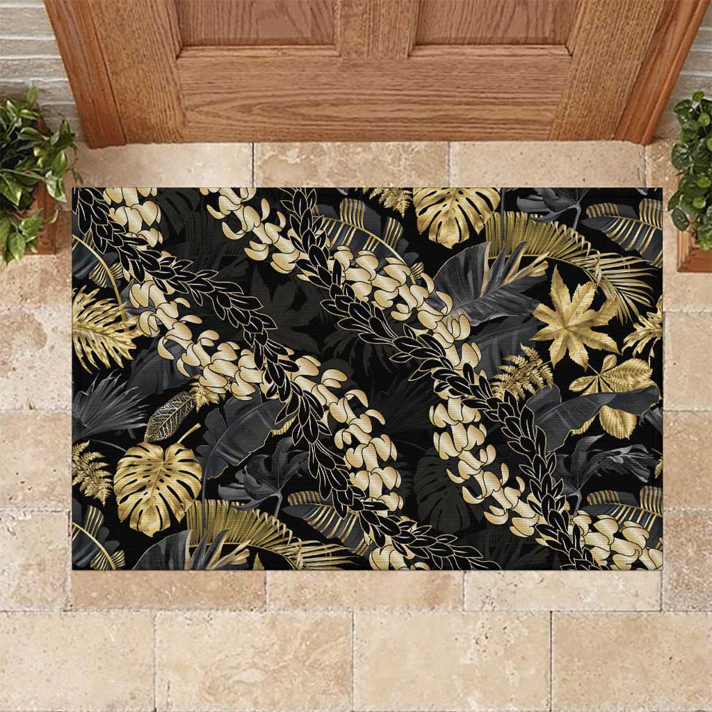 Gold Tropical Leaves Hawaii Mikioi Lei Rubber Doormat Luxury Stylized - Polynesian Pride
