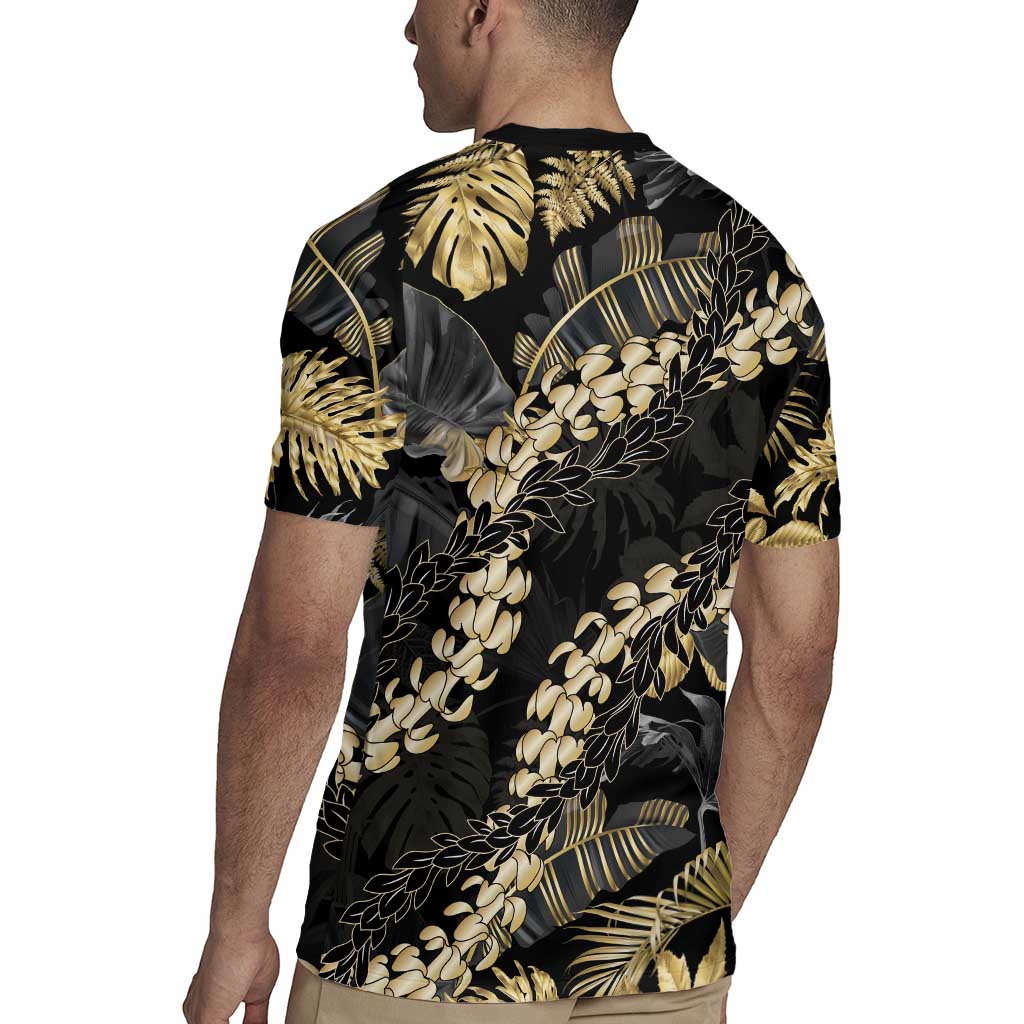 Gold Tropical Leaves Hawaii Mikioi Lei Rugby Jersey Luxury Stylized - Polynesian Pride