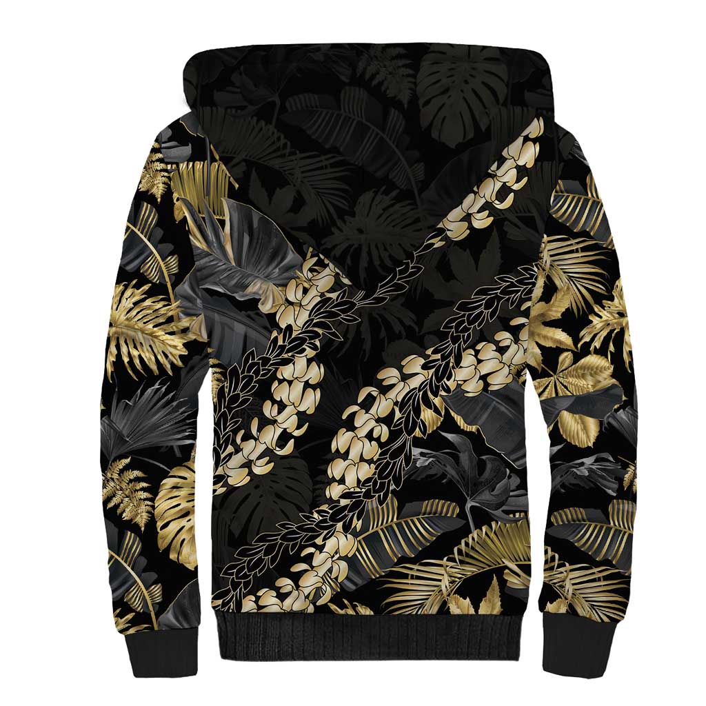 Gold Tropical Leaves Hawaii Mikioi Lei Sherpa Hoodie Luxury Stylized - Polynesian Pride