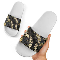Gold Tropical Leaves Hawaii Mikioi Lei Slide Sandals Luxury Stylized - Polynesian Pride