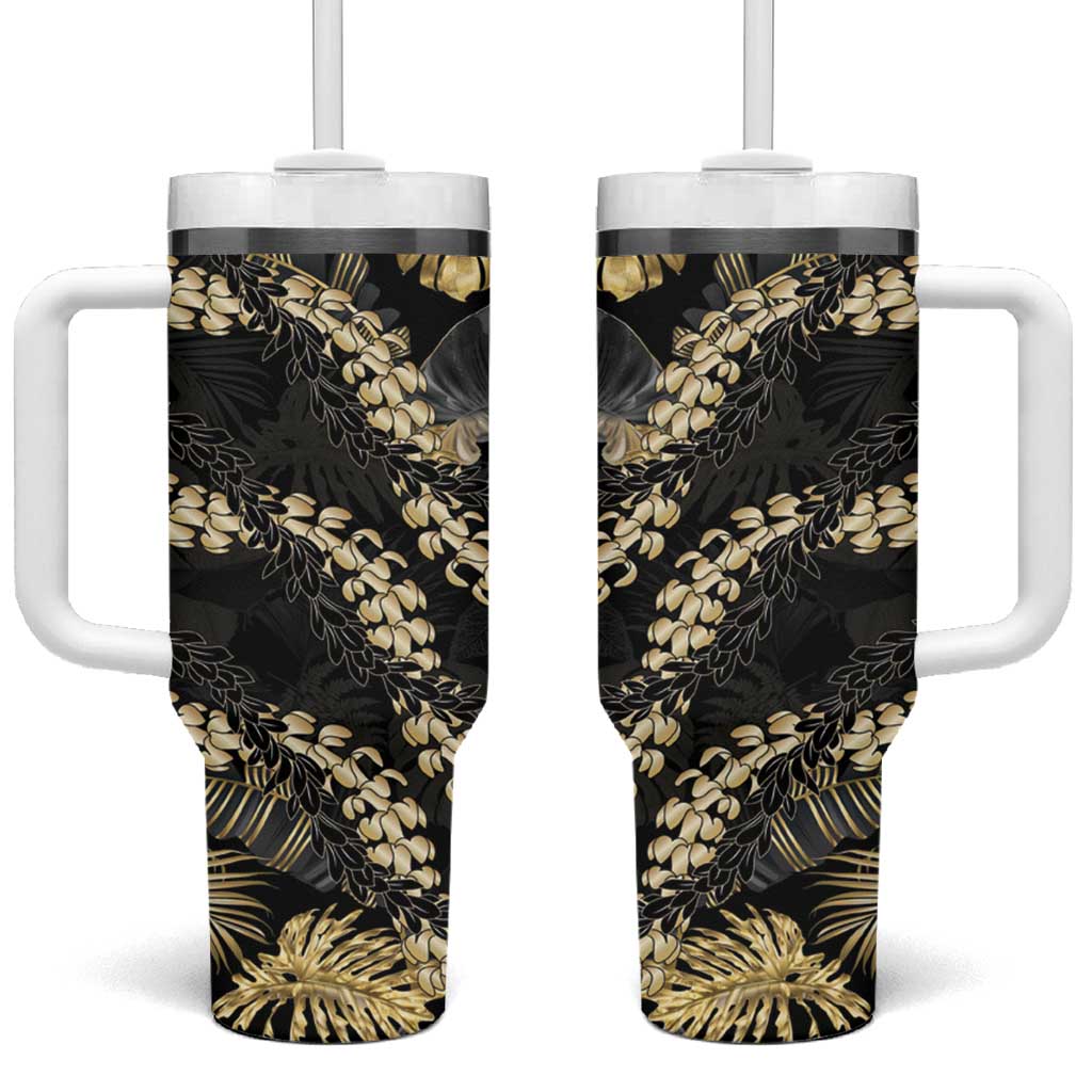 Gold Tropical Leaves Hawaii Mikioi Lei Tumbler With Handle Luxury Stylized - Polynesian Pride