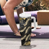 Gold Tropical Leaves Hawaii Mikioi Lei Tumbler With Handle Luxury Stylized - Polynesian Pride