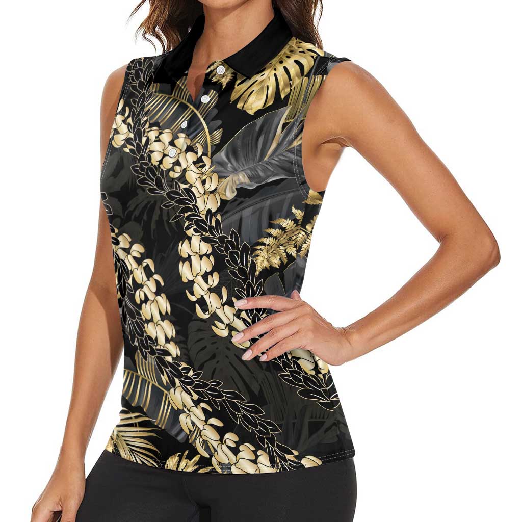 Gold Tropical Leaves Hawaii Mikioi Lei Women Sleeveless Polo Shirt Luxury Stylized - Polynesian Pride