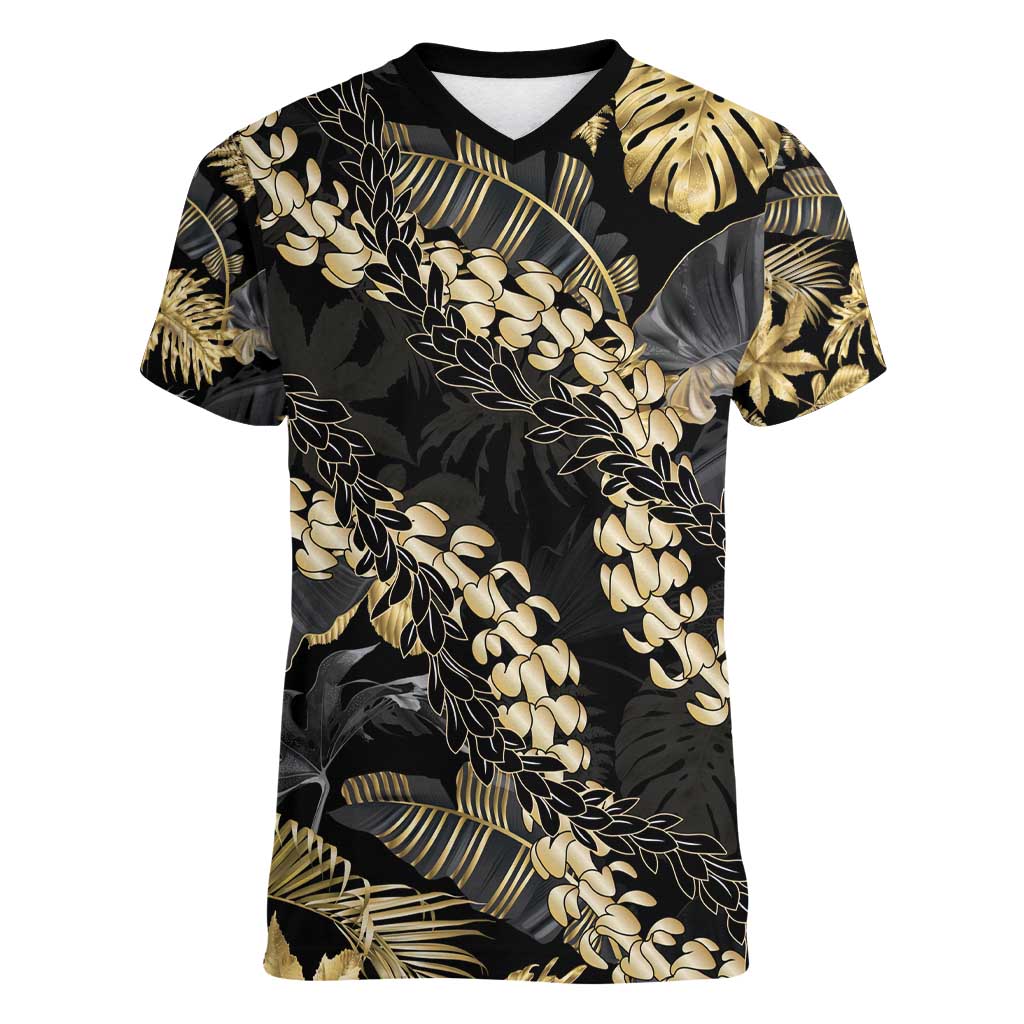 Gold Tropical Leaves Hawaii Mikioi Lei Women V-Neck T-Shirt Luxury Stylized - Polynesian Pride
