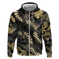 Gold Tropical Leaves Hawaii Mikioi Lei Zip Hoodie Luxury Stylized - Polynesian Pride
