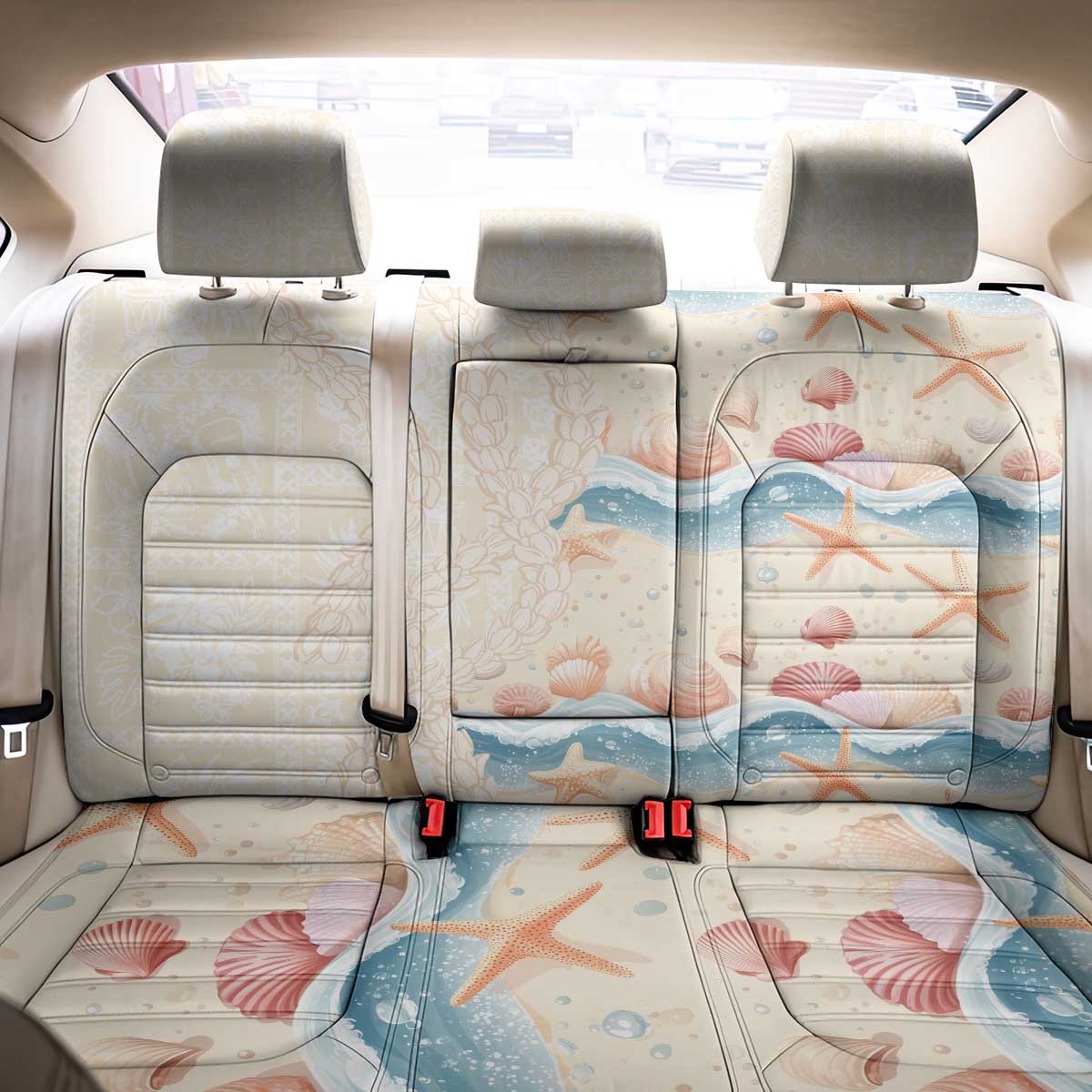 Beige Hawaii Lei Seashells Starfish Back Car Seat Cover Sandy Sylized - Polynesian Pride
