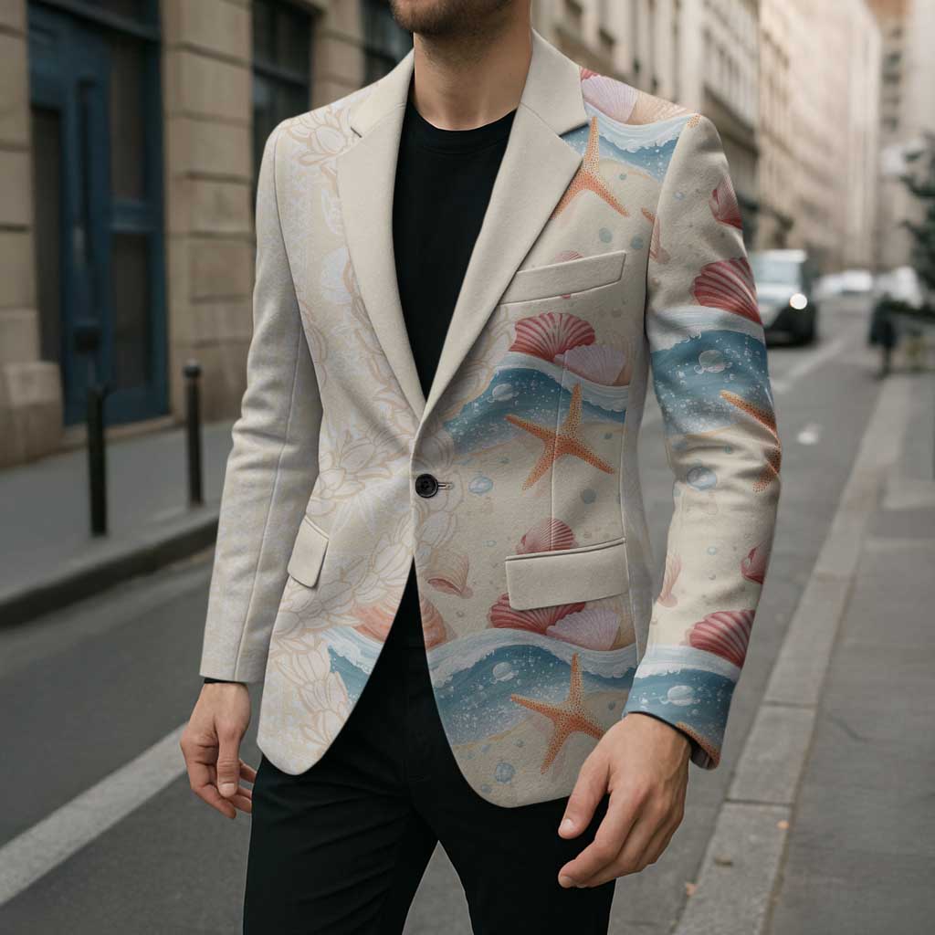 Beige Hawaii Lei Seashells Starfish Blazer Sandy Sylized - Polynesian Pride