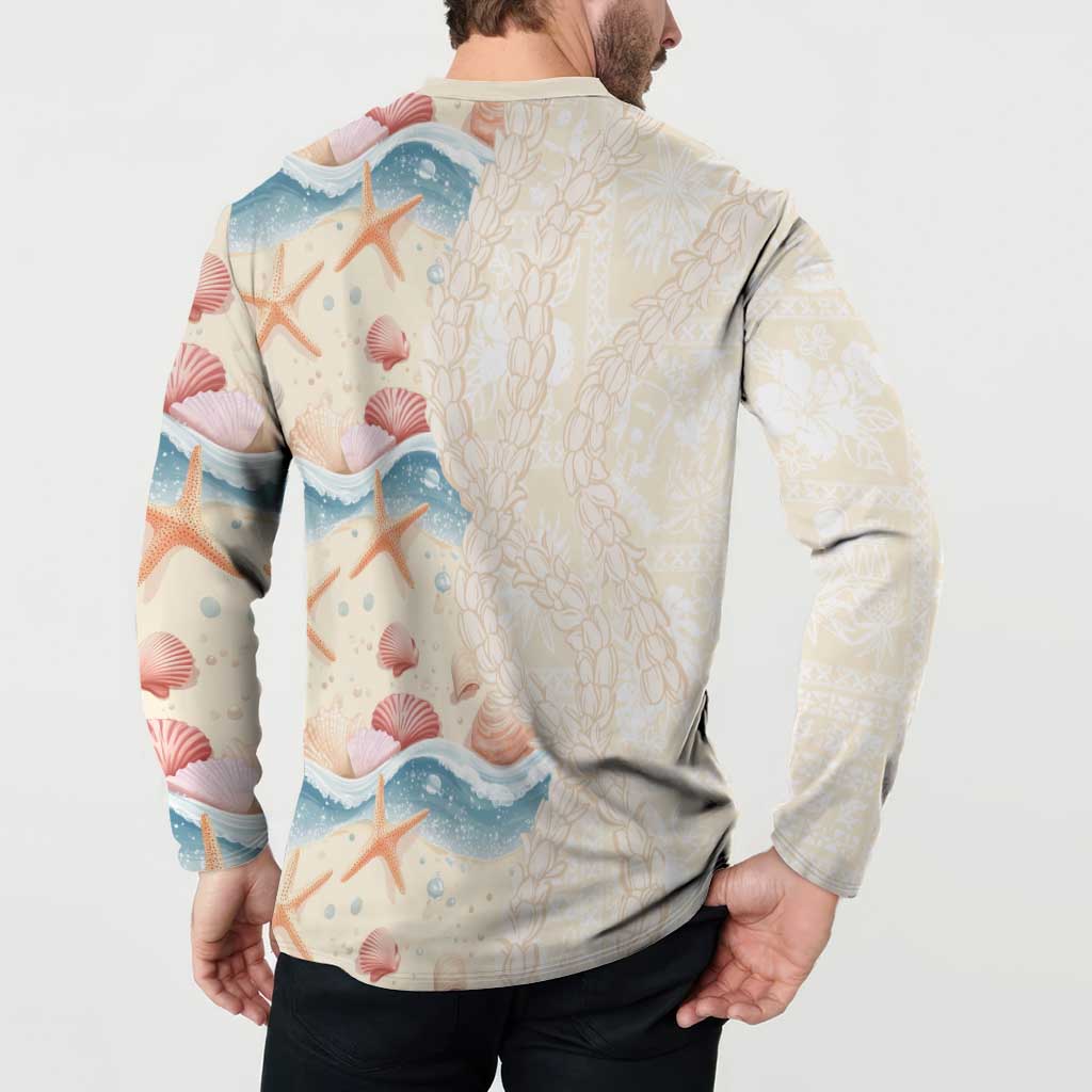 Beige Hawaii Lei Seashells Starfish Button Sweatshirt Sandy Sylized - Polynesian Pride