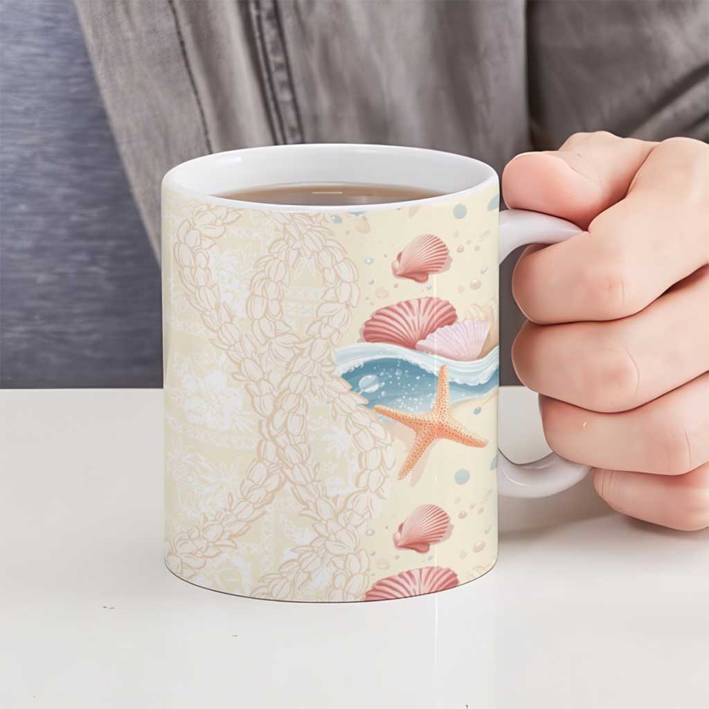 Beige Hawaii Lei Seashells Starfish Ceramic Mug Sandy Sylized - Polynesian Pride