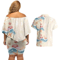 Beige Hawaii Lei Seashells Starfish Couples Matching Off Shoulder Short Dress and Hawaiian Shirt Sandy Sylized - Polynesian Pride