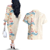 Beige Hawaii Lei Seashells Starfish Couples Matching Off The Shoulder Long Sleeve Dress and Hawaiian Shirt Sandy Sylized - Polynesian Pride