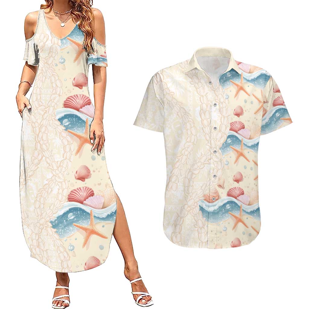 Beige Hawaii Lei Seashells Starfish Couples Matching Summer Maxi Dress and Hawaiian Shirt Sandy Sylized - Polynesian Pride