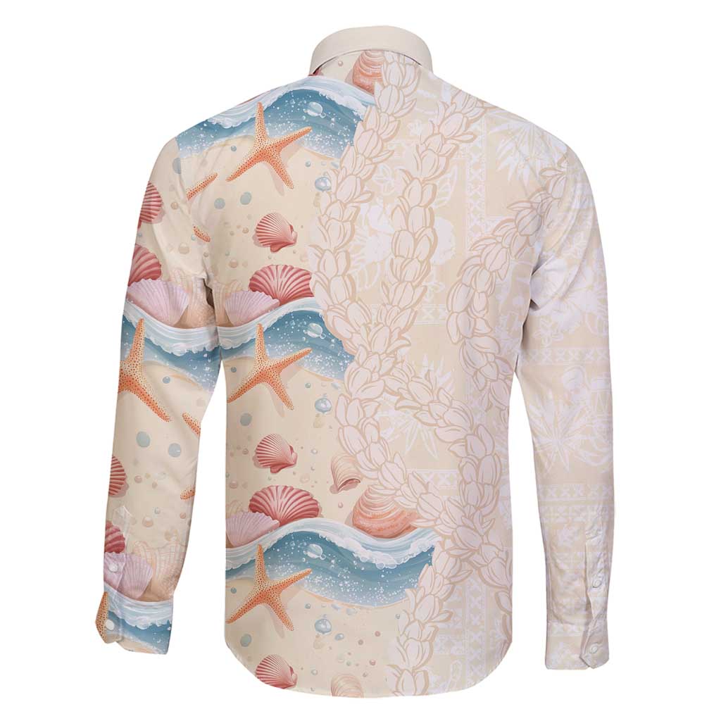 Beige Hawaii Lei Seashells Starfish Family Matching Long Sleeve Bodycon Dress and Hawaiian Shirt Sandy Sylized - Polynesian Pride