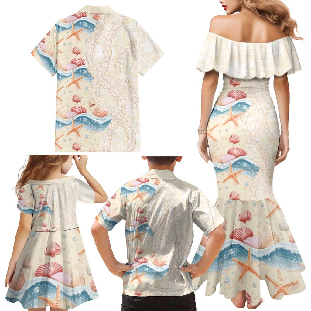 Beige Hawaii Lei Seashells Starfish Family Matching Mermaid Dress and Hawaiian Shirt Sandy Sylized - Polynesian Pride