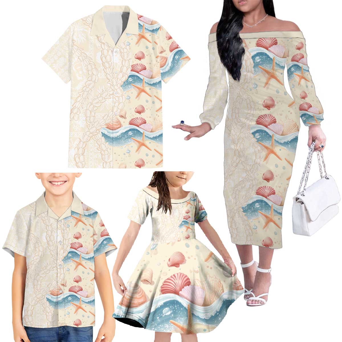 Beige Hawaii Lei Seashells Starfish Family Matching Off The Shoulder Long Sleeve Dress and Hawaiian Shirt Sandy Sylized LT01 - Polynesian Pride