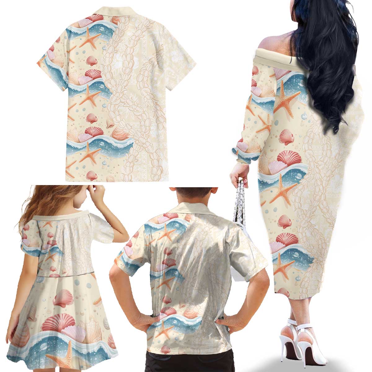 Beige Hawaii Lei Seashells Starfish Family Matching Off The Shoulder Long Sleeve Dress and Hawaiian Shirt Sandy Sylized LT01 - Polynesian Pride
