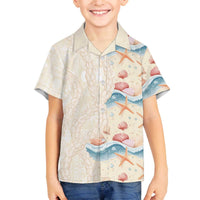 Beige Hawaii Lei Seashells Starfish Family Matching Off The Shoulder Long Sleeve Dress and Hawaiian Shirt Sandy Sylized LT01 Son's Shirt Beige - Polynesian Pride