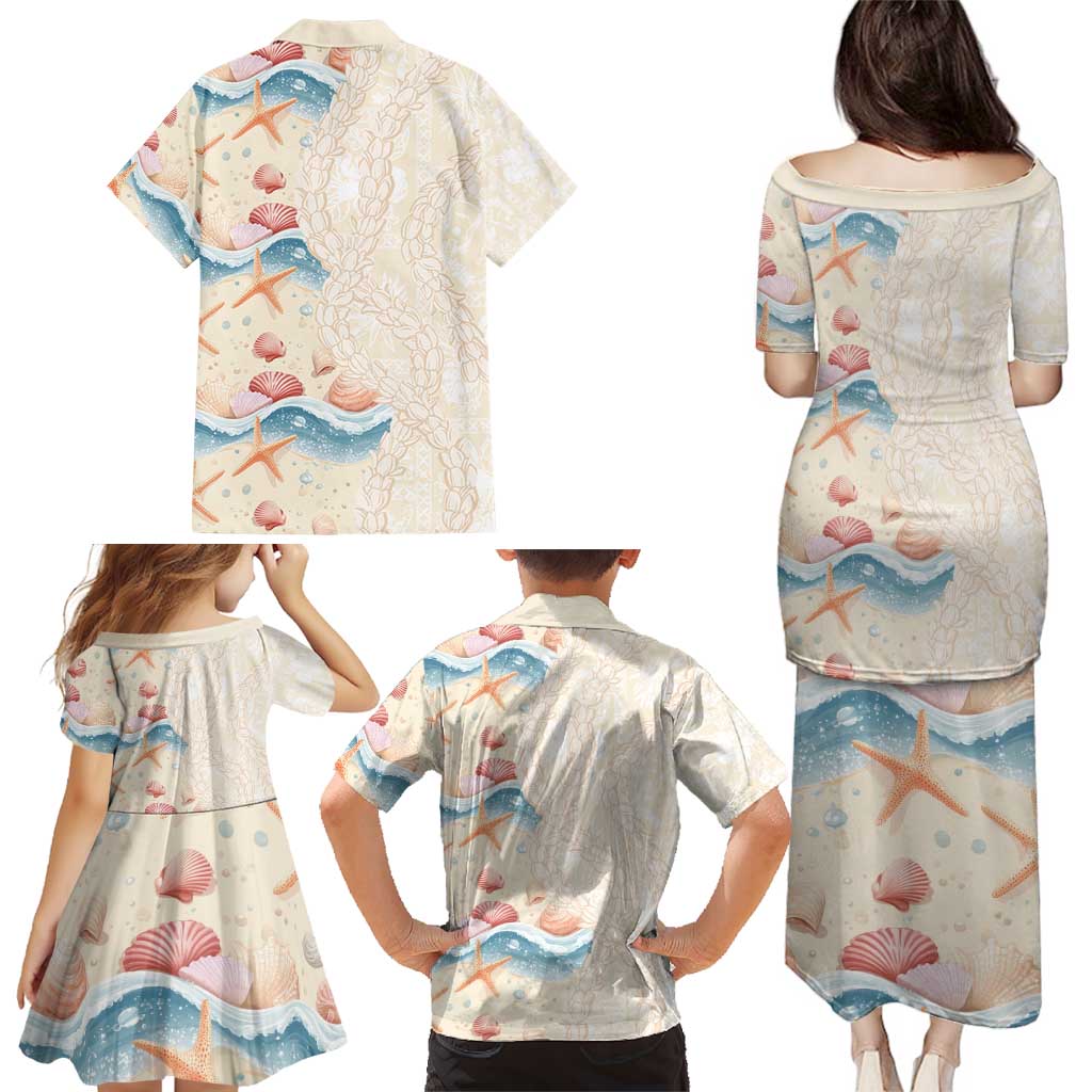 Beige Hawaii Lei Seashells Starfish Family Matching Puletasi and Hawaiian Shirt Sandy Sylized - Polynesian Pride