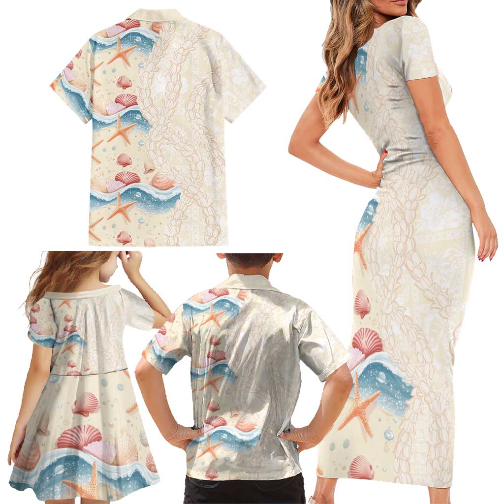 Beige Hawaii Lei Seashells Starfish Family Matching Short Sleeve Bodycon Dress and Hawaiian Shirt Sandy Sylized LT01 - Polynesian Pride