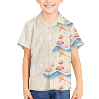 Beige Hawaii Lei Seashells Starfish Family Matching Short Sleeve Bodycon Dress and Hawaiian Shirt Sandy Sylized LT01 Son's Shirt Beige - Polynesian Pride