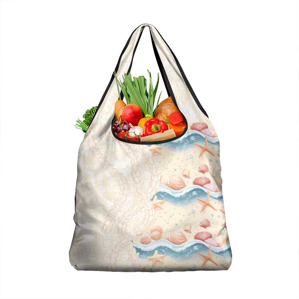 Beige Hawaii Lei Seashells Starfish Grocery Bag Sandy Sylized - Polynesian Pride