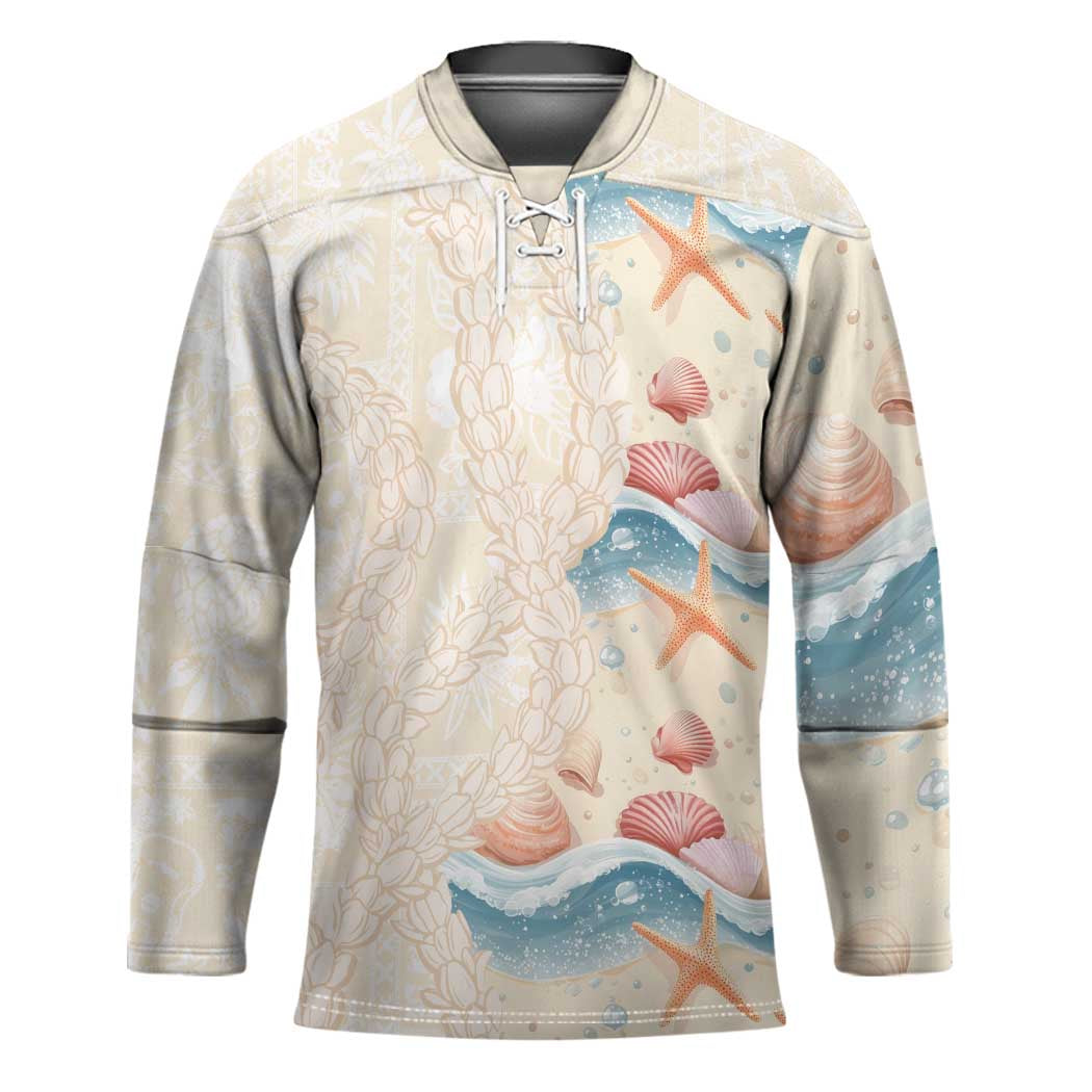 Beige Hawaii Lei Seashells Starfish Hockey Jersey Sandy Sylized - Polynesian Pride