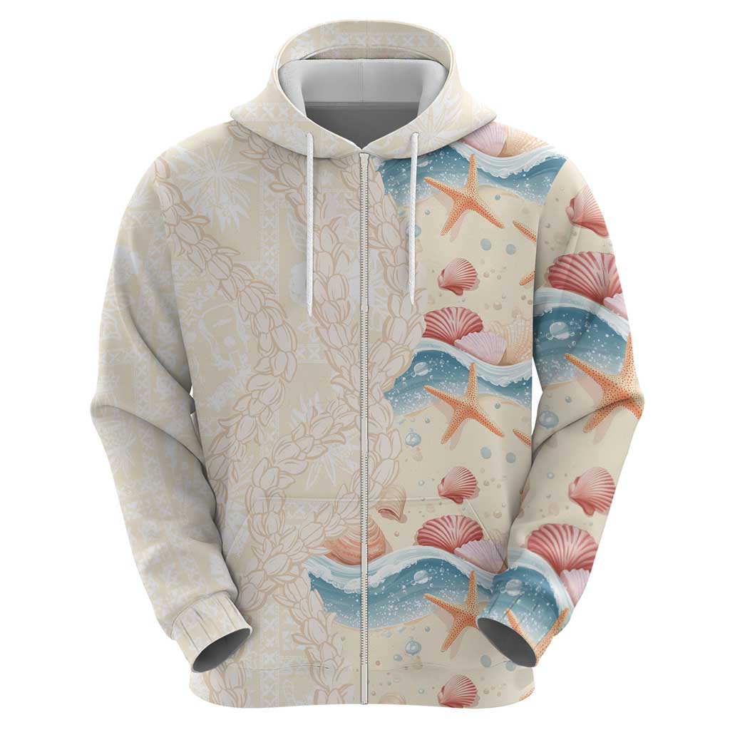 Beige Hawaii Lei Seashells Starfish Hoodie Sandy Sylized - Polynesian Pride