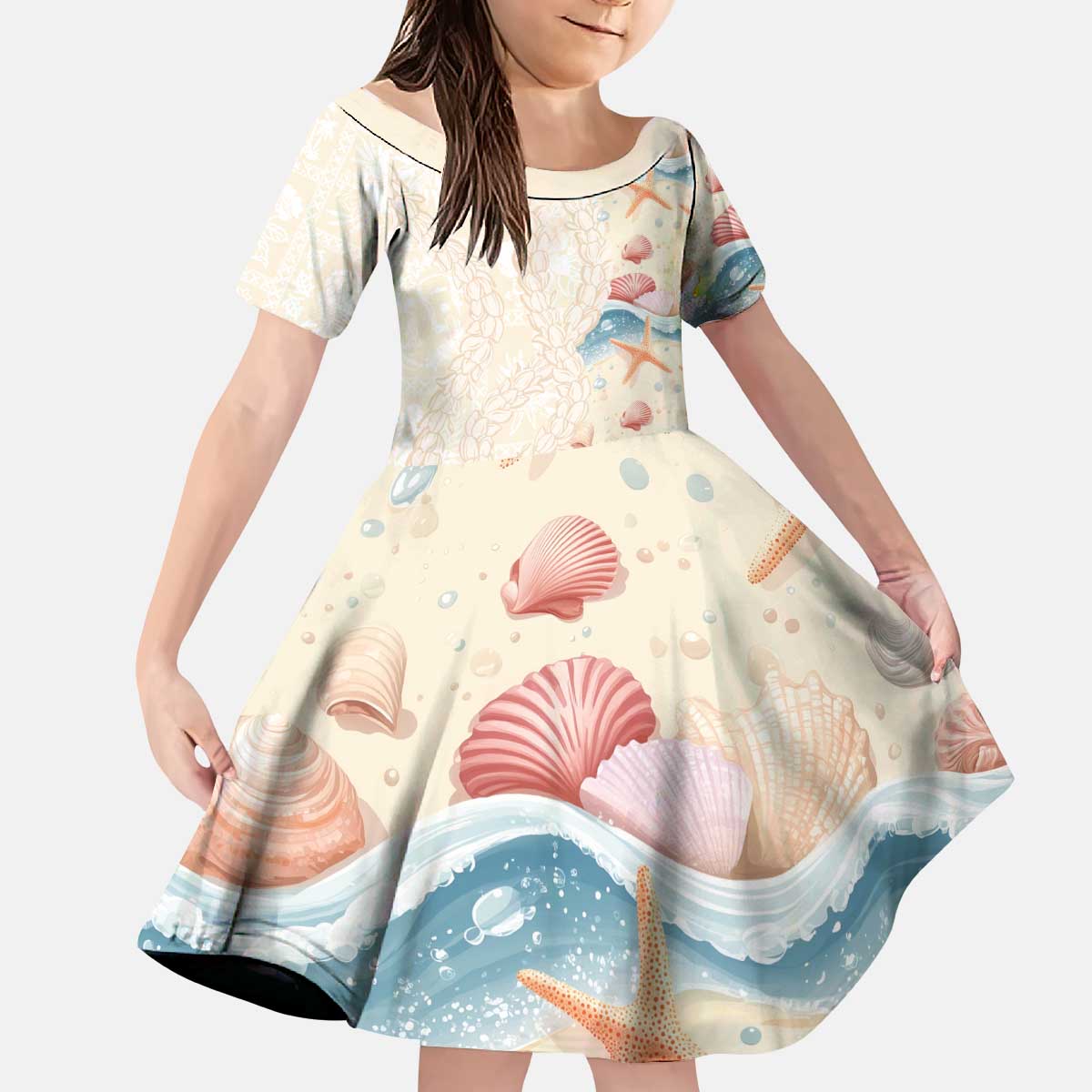 Beige Hawaii Lei Seashells Starfish Kid Short Sleeve Dress Sandy Sylized - Polynesian Pride