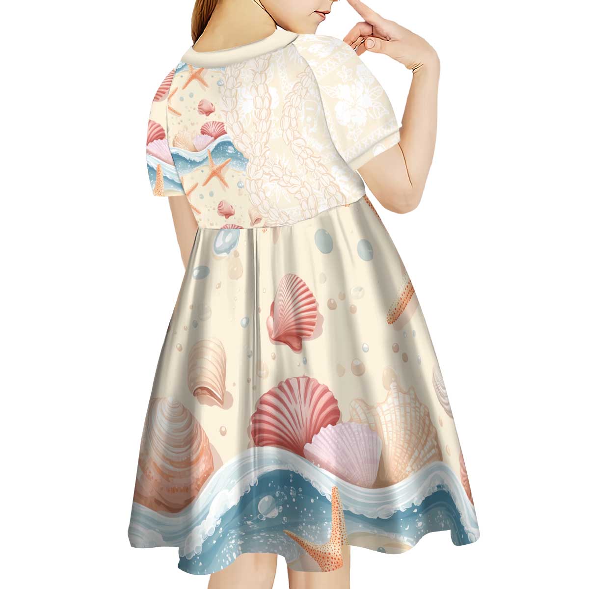 Beige Hawaii Lei Seashells Starfish Kid Short Sleeve Dress Sandy Sylized - Polynesian Pride