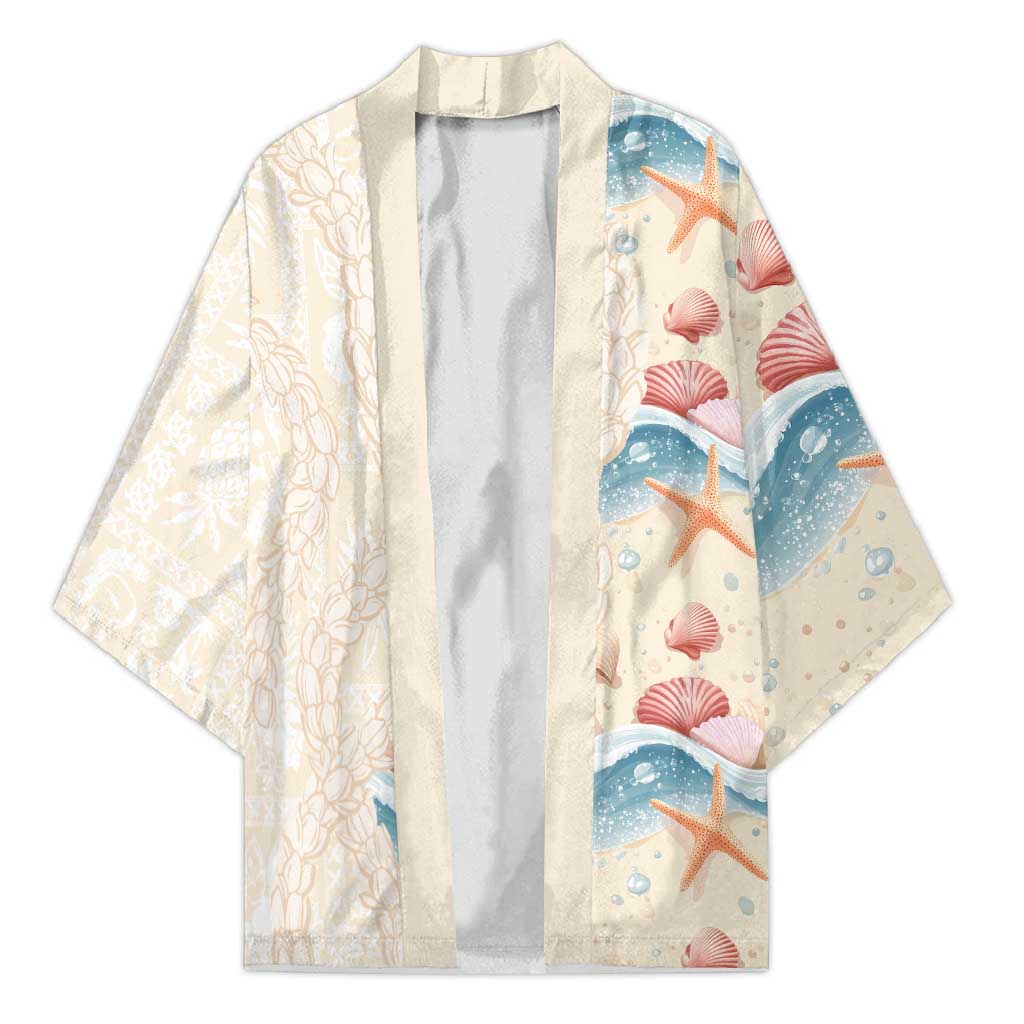 Beige Hawaii Lei Seashells Starfish Kimono Sandy Sylized - Polynesian Pride