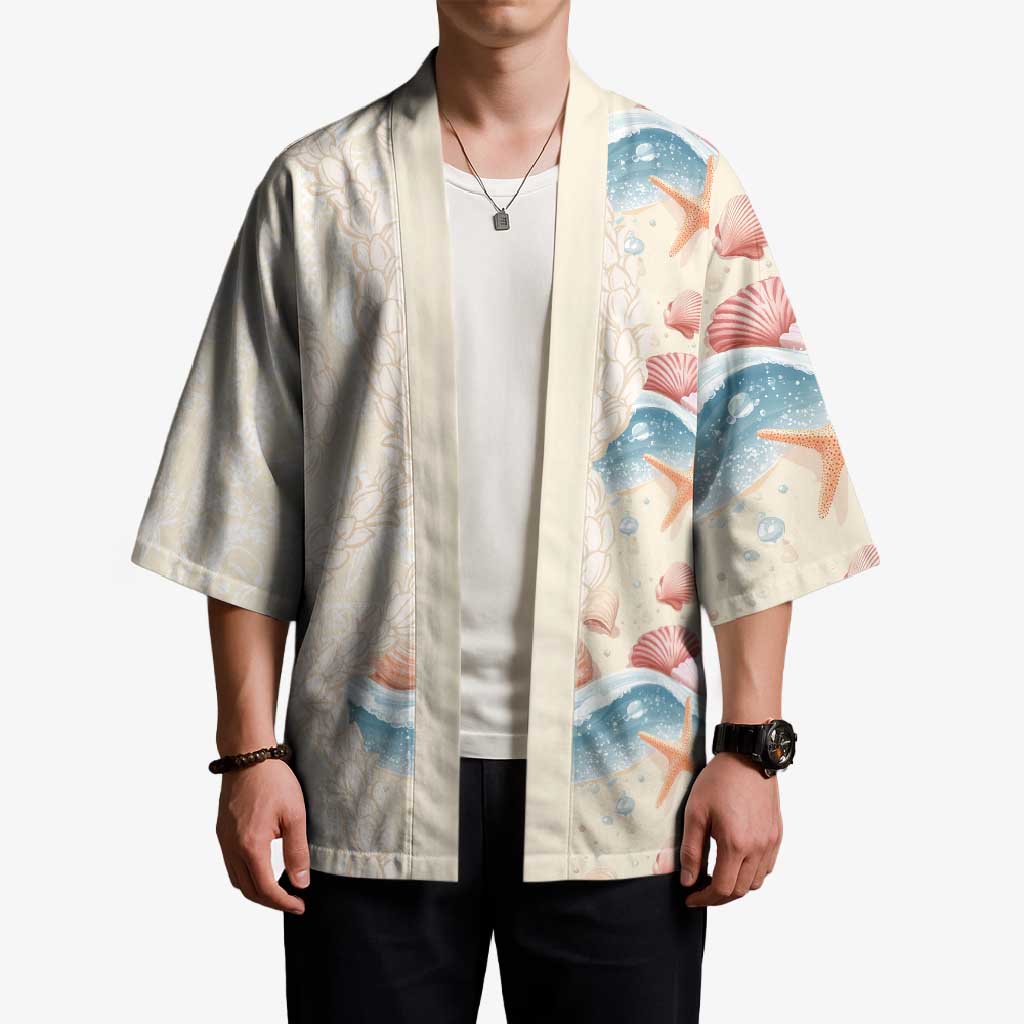 Beige Hawaii Lei Seashells Starfish Kimono Sandy Sylized - Polynesian Pride