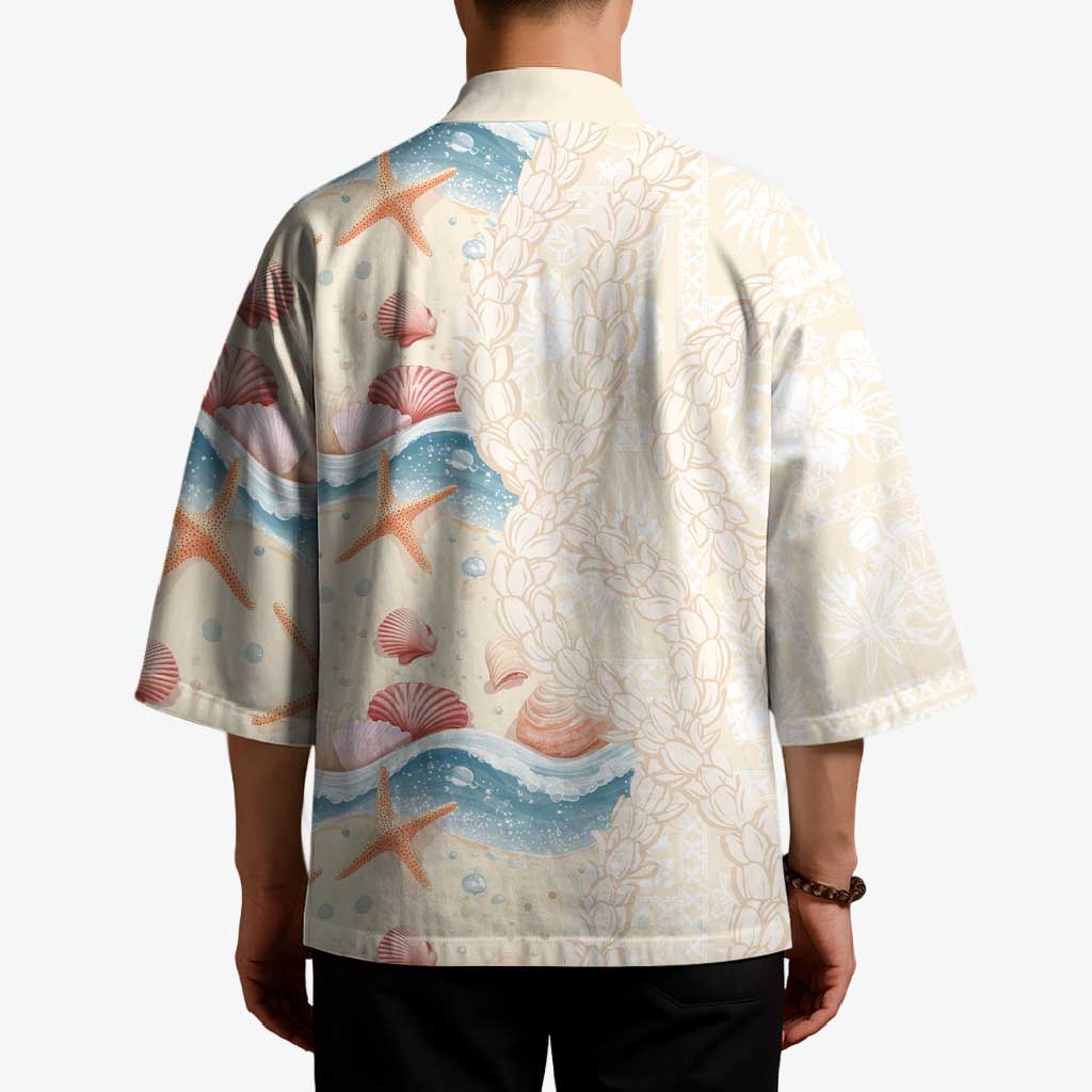 Beige Hawaii Lei Seashells Starfish Kimono Sandy Sylized - Polynesian Pride