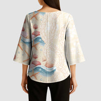 Beige Hawaii Lei Seashells Starfish Kimono Sleeve Blouse Sandy Sylized - Polynesian Pride