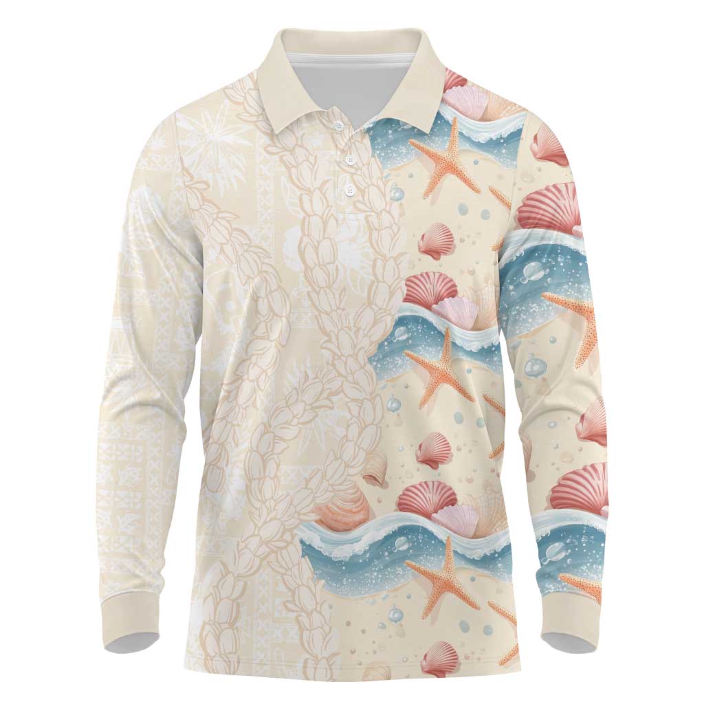 Beige Hawaii Lei Seashells Starfish Long Sleeve Polo Shirt Sandy Sylized - Polynesian Pride