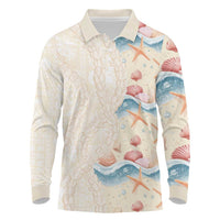 Beige Hawaii Lei Seashells Starfish Long Sleeve Polo Shirt Sandy Sylized - Polynesian Pride