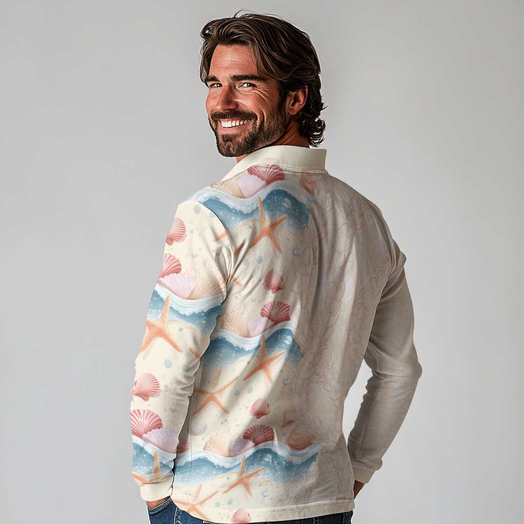 Beige Hawaii Lei Seashells Starfish Long Sleeve Polo Shirt Sandy Sylized - Polynesian Pride