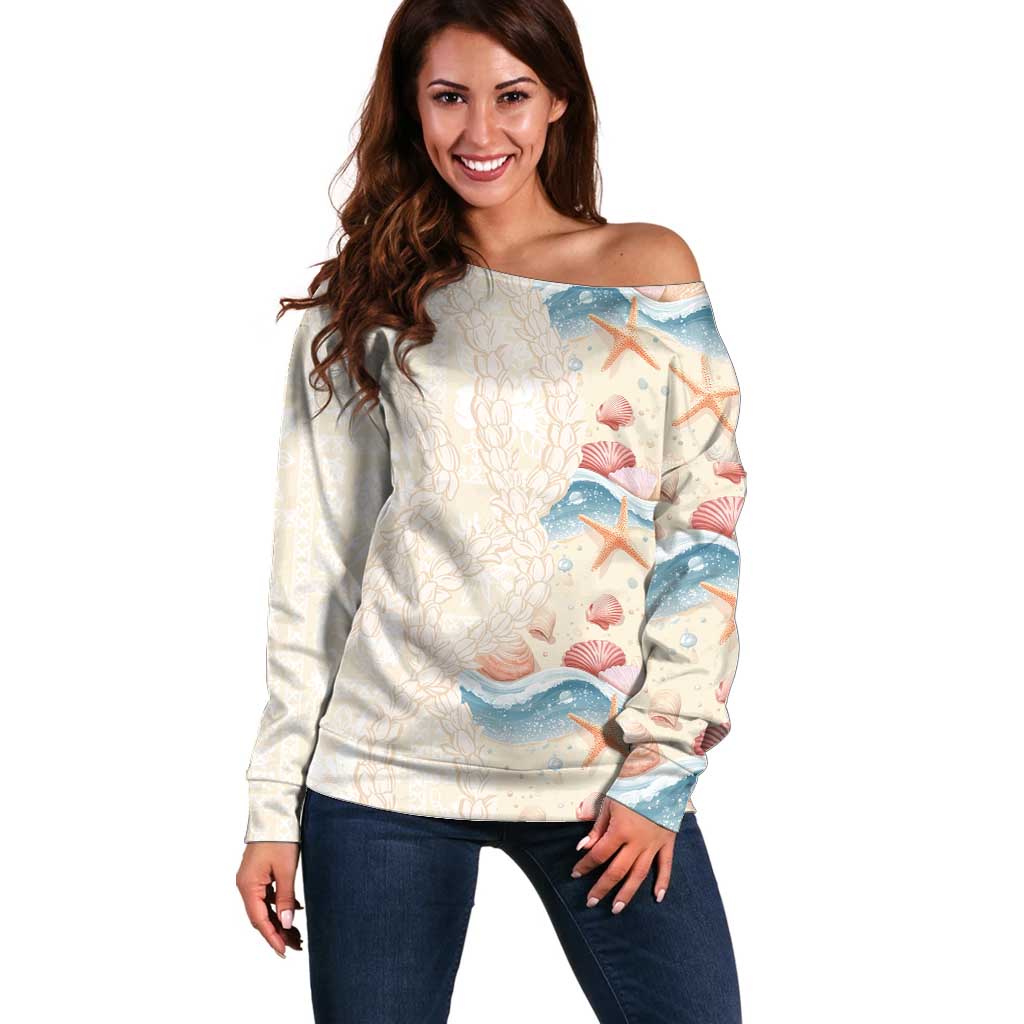 Beige Hawaii Lei Seashells Starfish Off Shoulder Sweater Sandy Sylized - Polynesian Pride