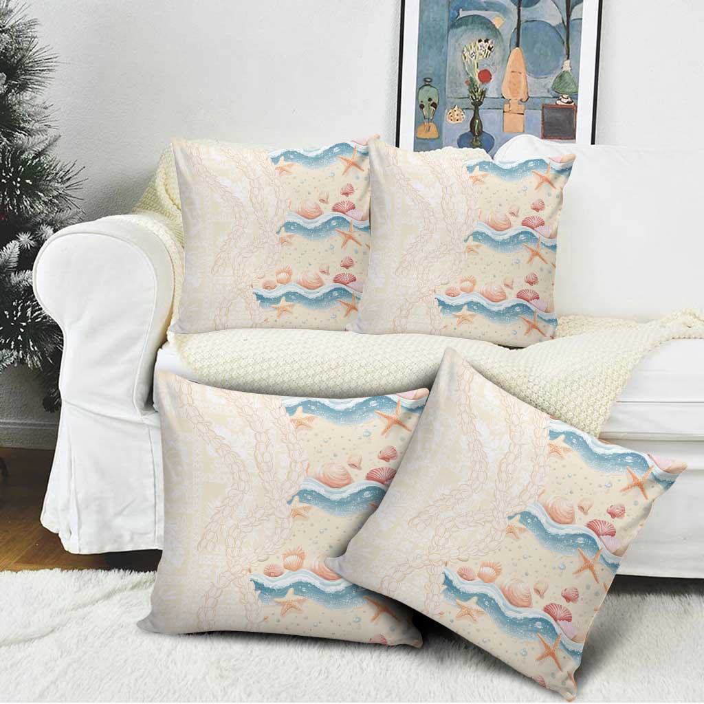 Beige Hawaii Lei Seashells Starfish Pillow Cover Sandy Sylized - Polynesian Pride