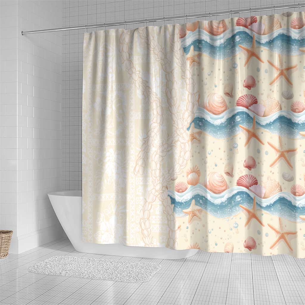 Beige Hawaii Lei Seashells Starfish Shower Curtain Sandy Sylized - Polynesian Pride