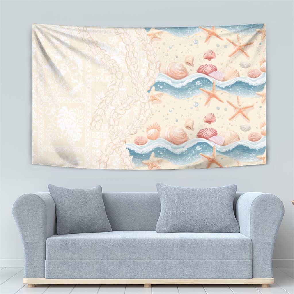 Beige Hawaii Lei Seashells Starfish Tapestry Sandy Sylized - Polynesian Pride