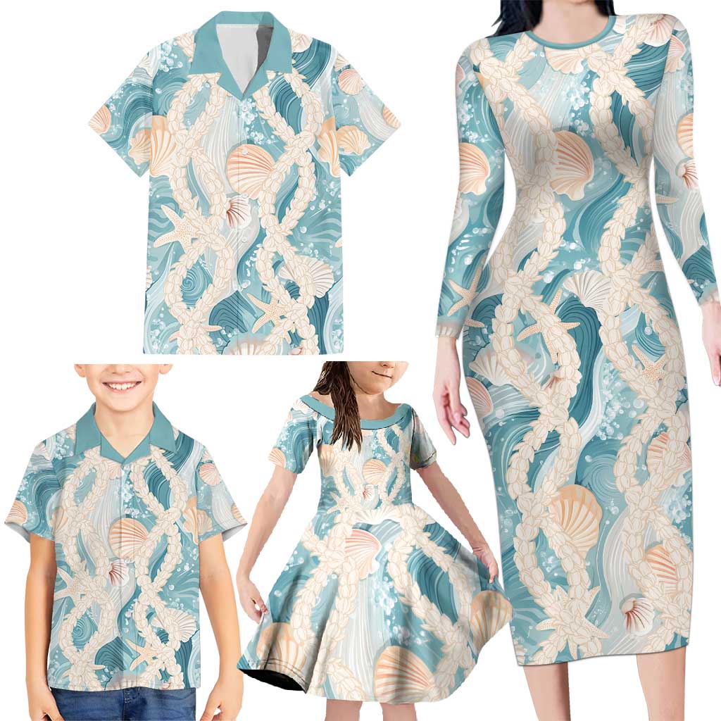 Hawaii Lei Seashells Starfish Family Matching Long Sleeve Bodycon Dress and Hawaiian Shirt Fresh Summer Vibe - Polynesian Pride
