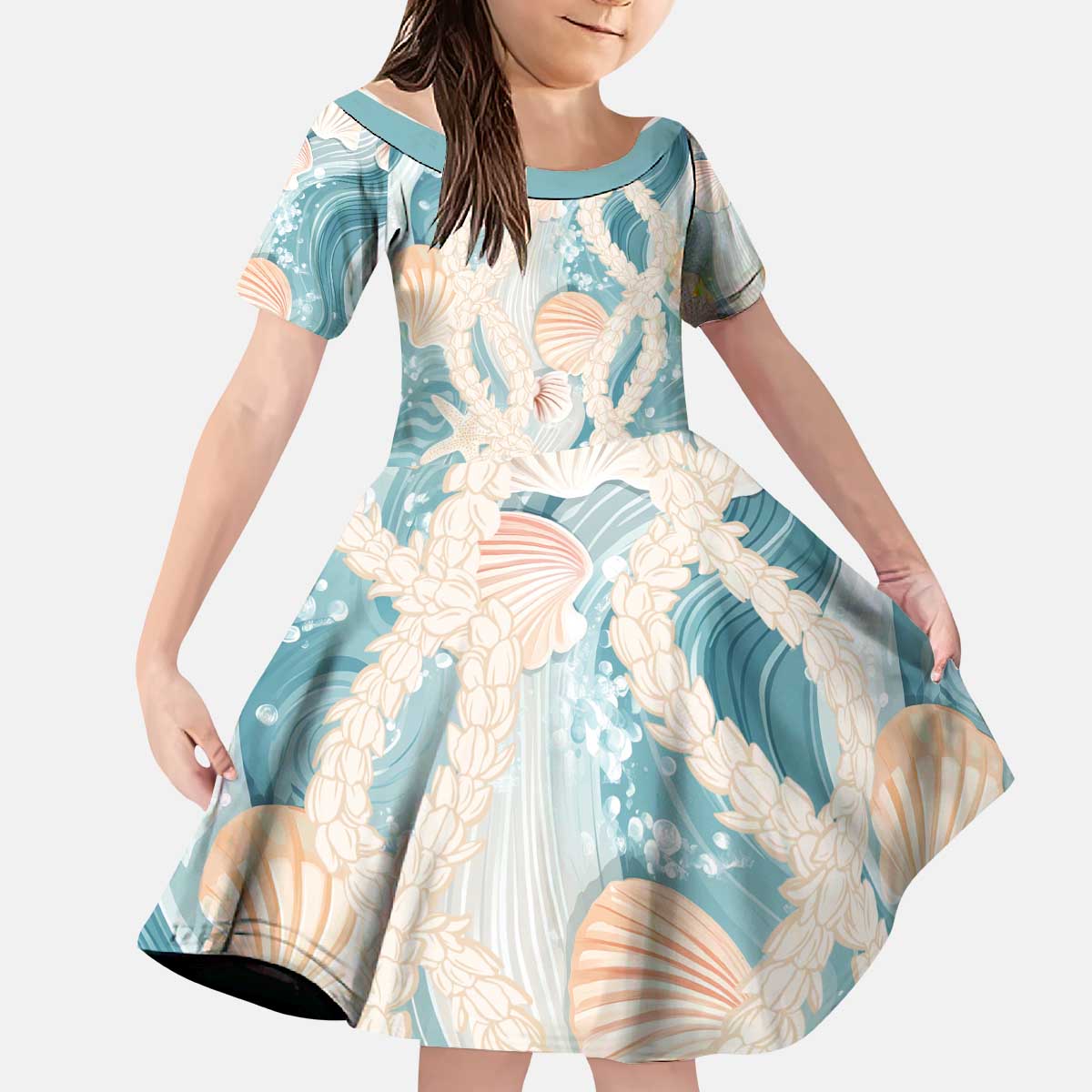 Hawaii Lei Seashells Starfish Kid Short Sleeve Dress Fresh Summer Vibe - Polynesian Pride