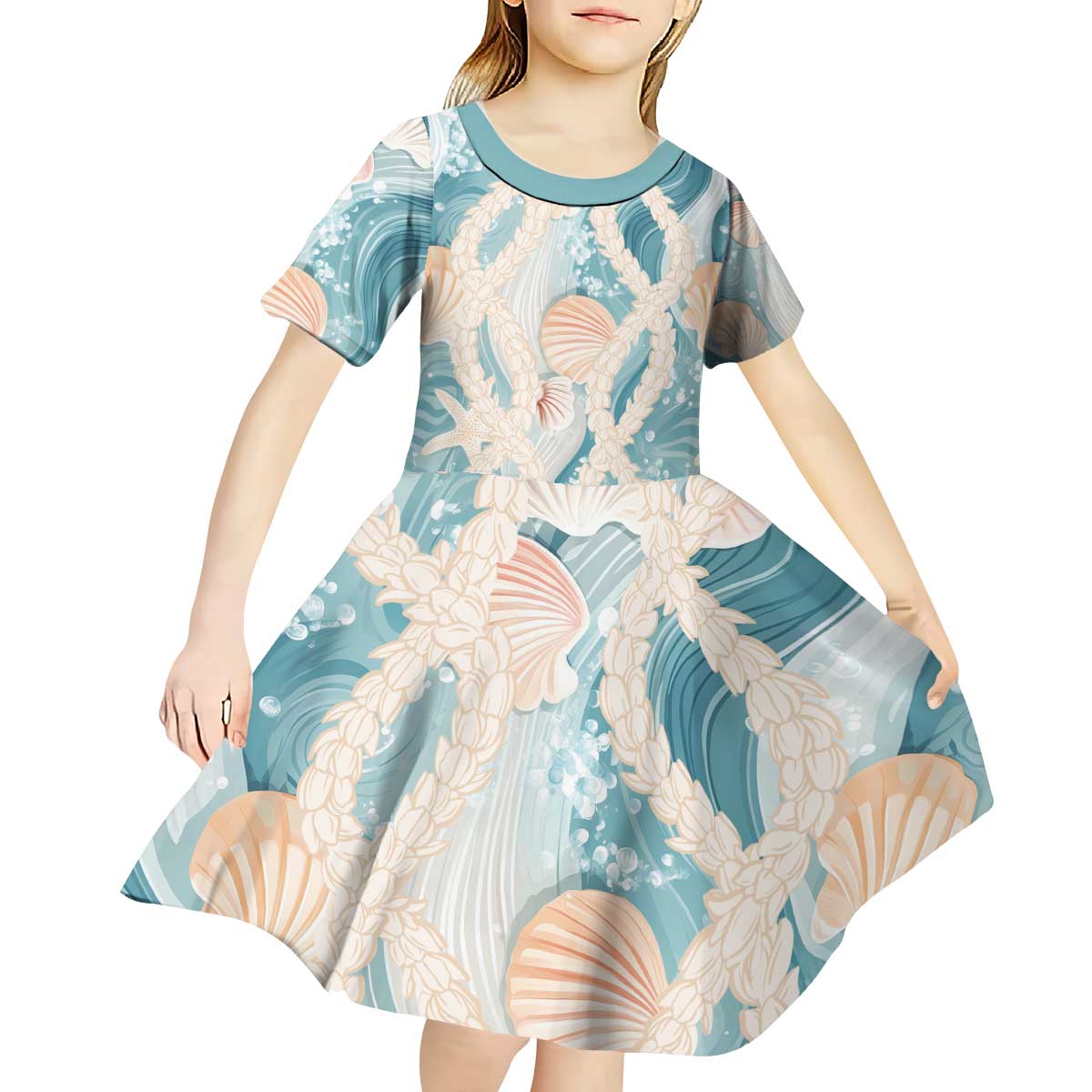 Hawaii Lei Seashells Starfish Kid Short Sleeve Dress Fresh Summer Vibe - Polynesian Pride