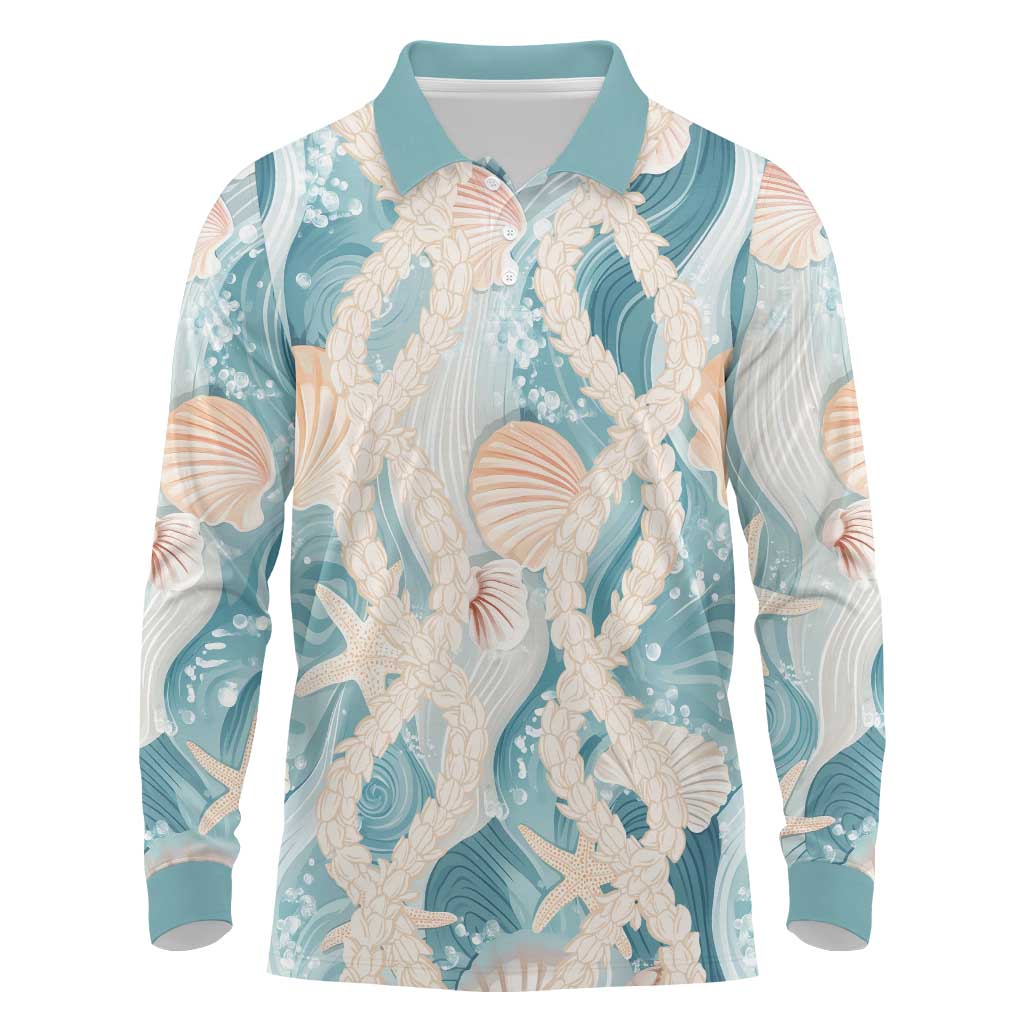 Hawaii Lei Seashells Starfish Long Sleeve Polo Shirt Fresh Summer Vibe - Polynesian Pride