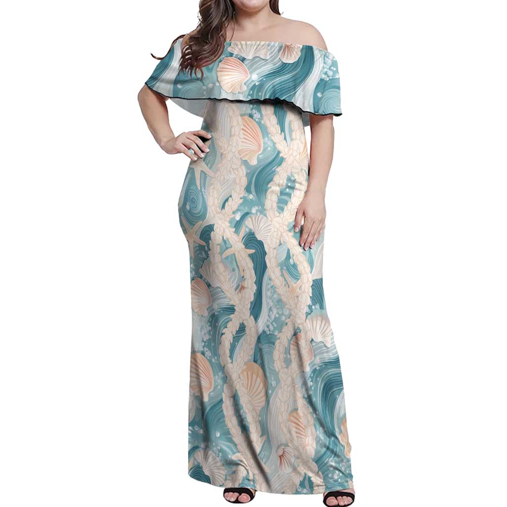Hawaii Lei Seashells Starfish Off Shoulder Maxi Dress Fresh Summer Vibe - Polynesian Pride