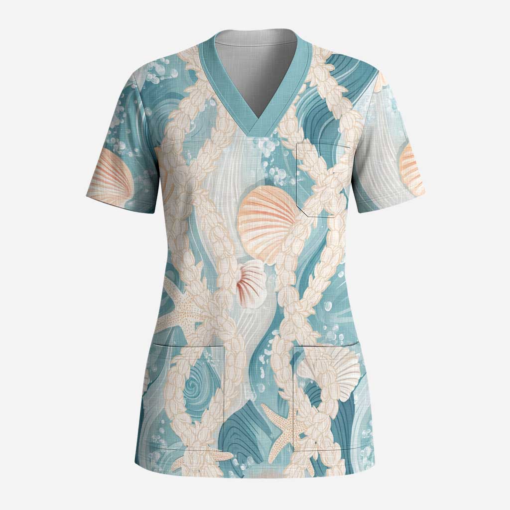 Hawaii Lei Seashells Starfish Scrub Top Fresh Summer Vibe LT01 Adult Blue - Polynesian Pride