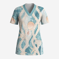 Hawaii Lei Seashells Starfish Scrub Top Fresh Summer Vibe LT01 Adult Blue - Polynesian Pride