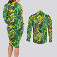 Hawaii Summer Tropical Leaves Couples Matching Long Sleeve Bodycon Dress and Long Sleeve Button Shirt - Polynesian Pride