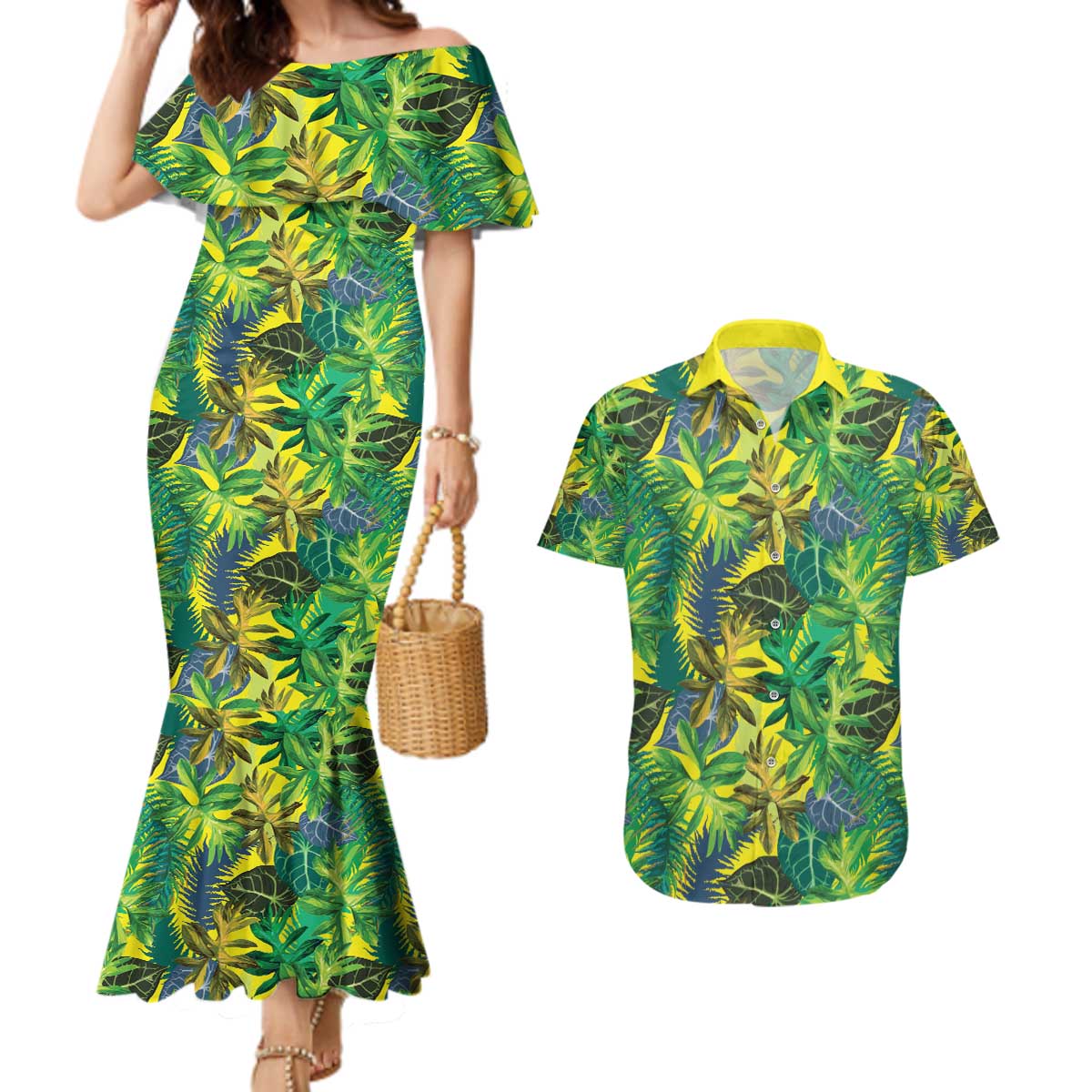 Hawaii Summer Tropical Leaves Couples Matching Mermaid Dress and Hawaiian Shirt - Polynesian Pride
